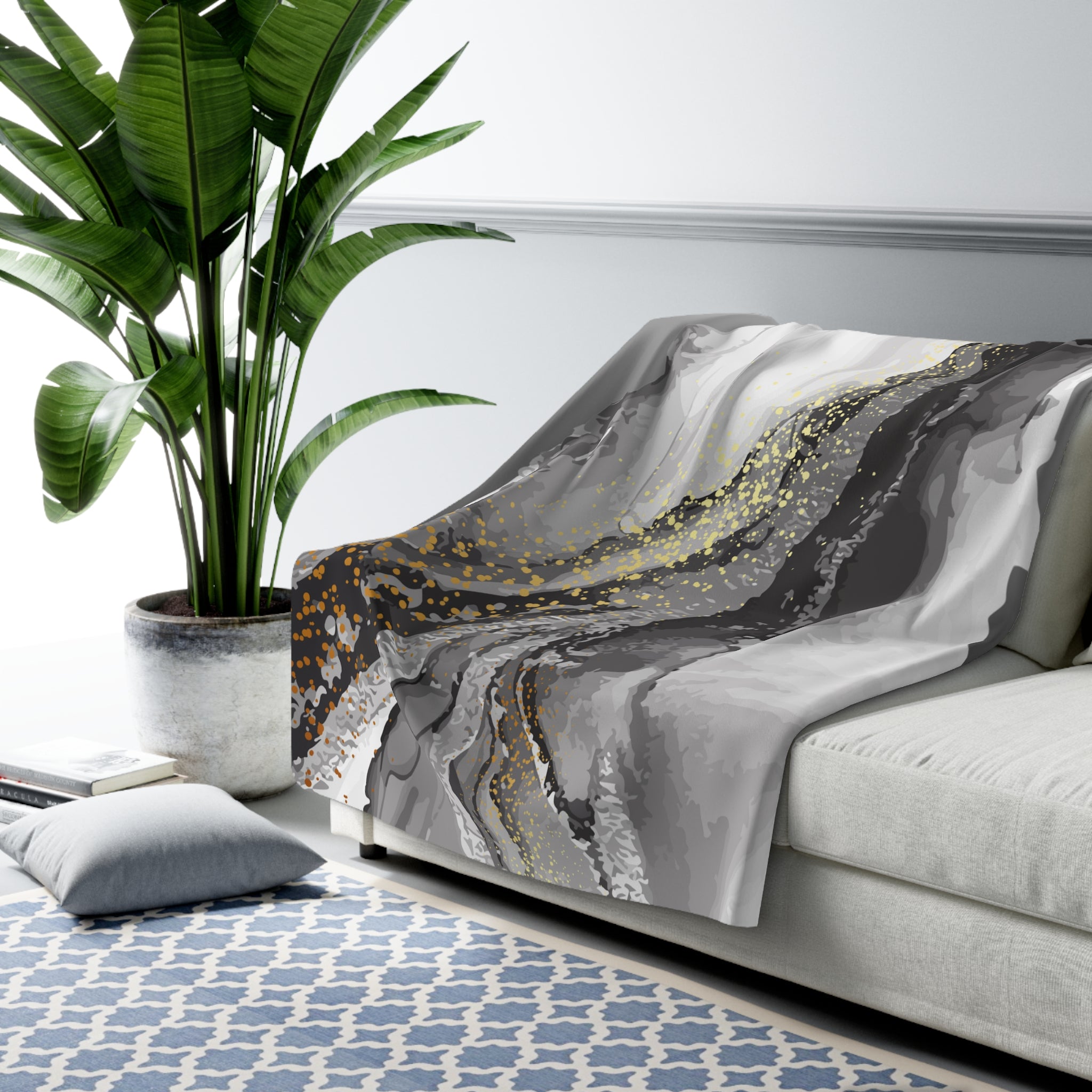 Luxurious Sherpa Fleece Blanket - Soft Gray with Abstract Marble Design