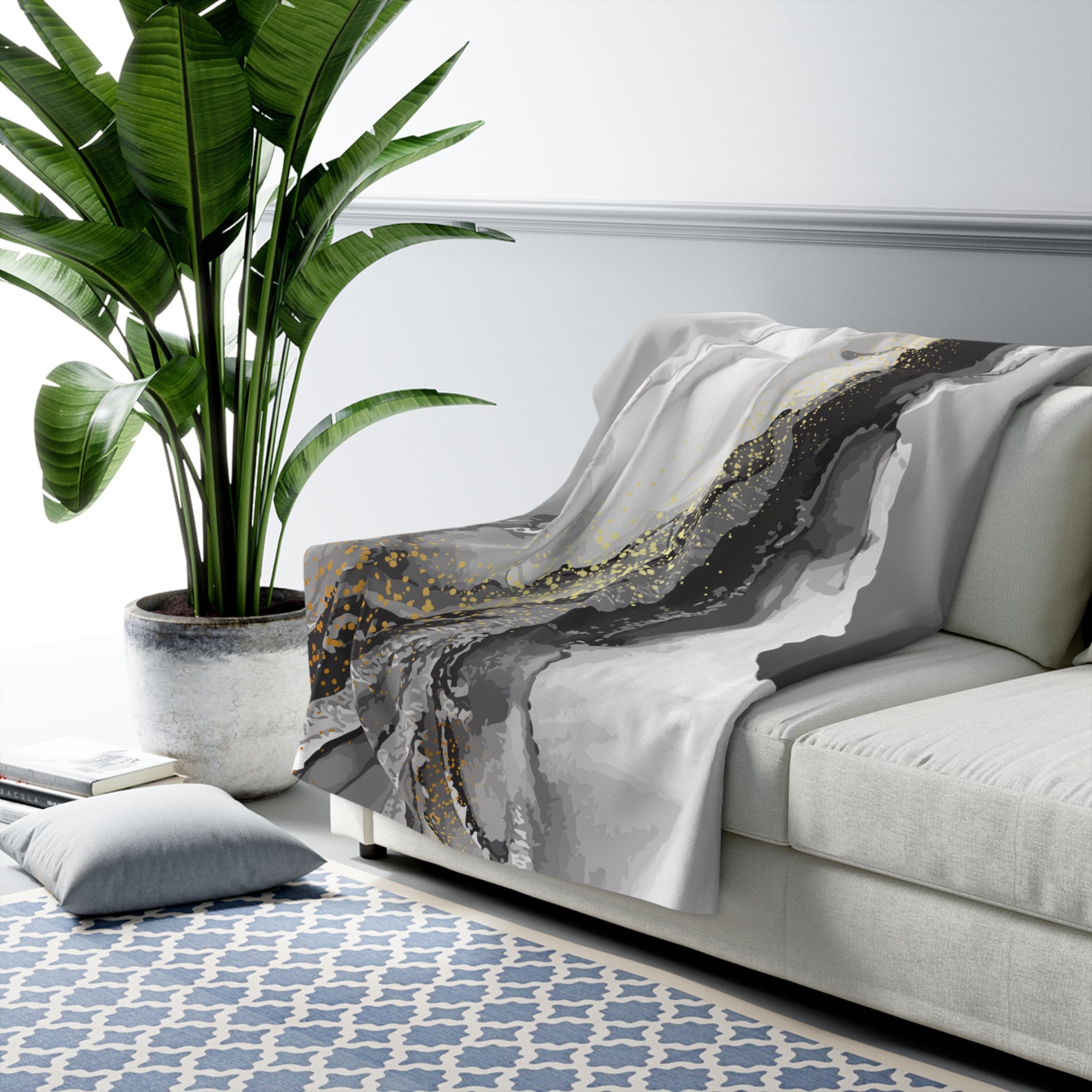 Luxurious Sherpa Fleece Blanket - Soft Gray with Abstract Marble Design