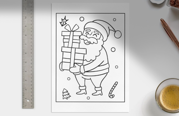 Black and white outline of Santa Claus holding gifts on a white background with a ruler and cup of coffee.