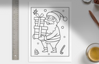Black and white outline of Santa Claus holding gifts on a white background with a ruler and cup of coffee.